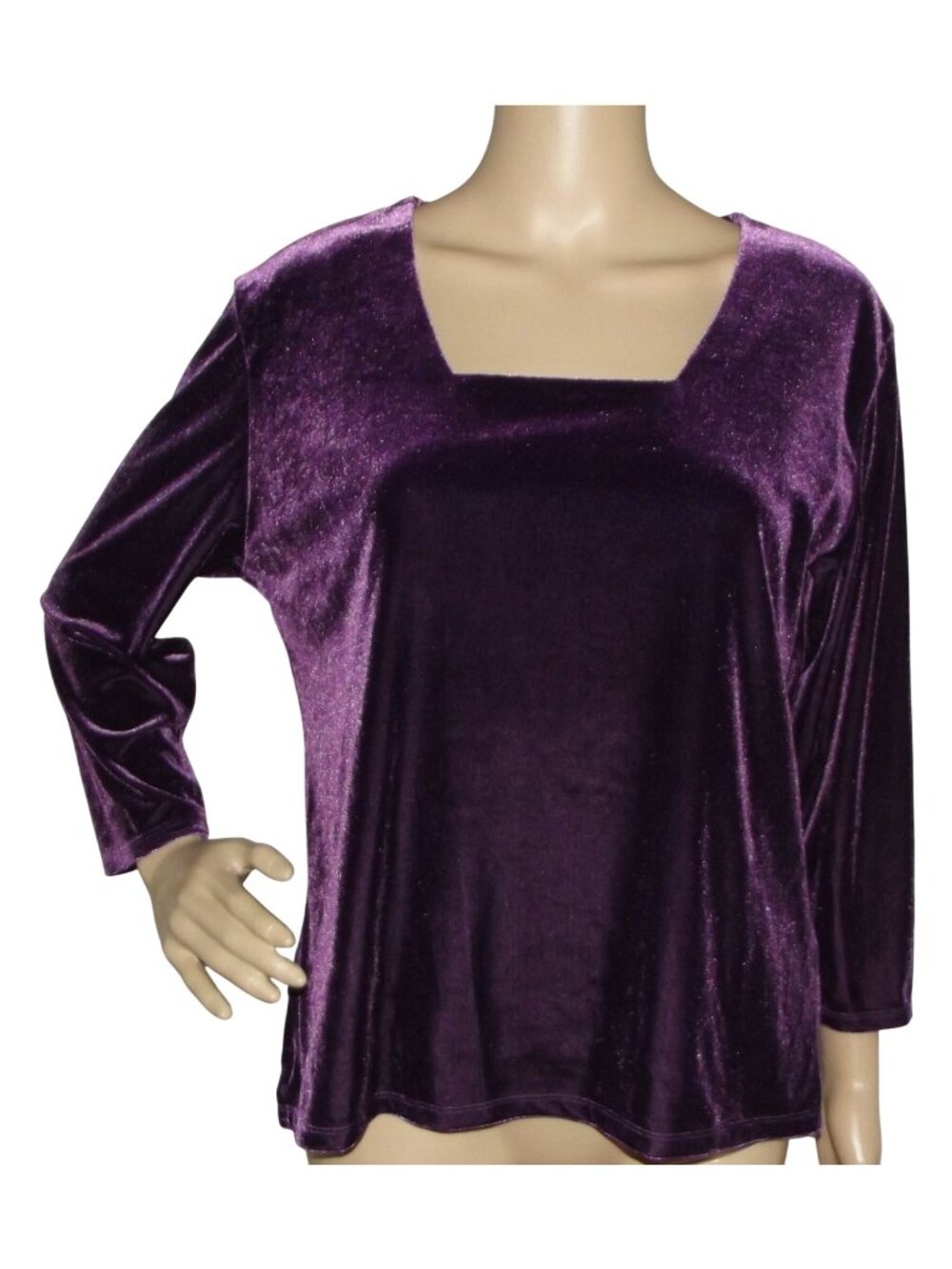 Kathy Ireland Velvet Shirt Womens Large Vtg Purple Holiday Stretch Square Neck